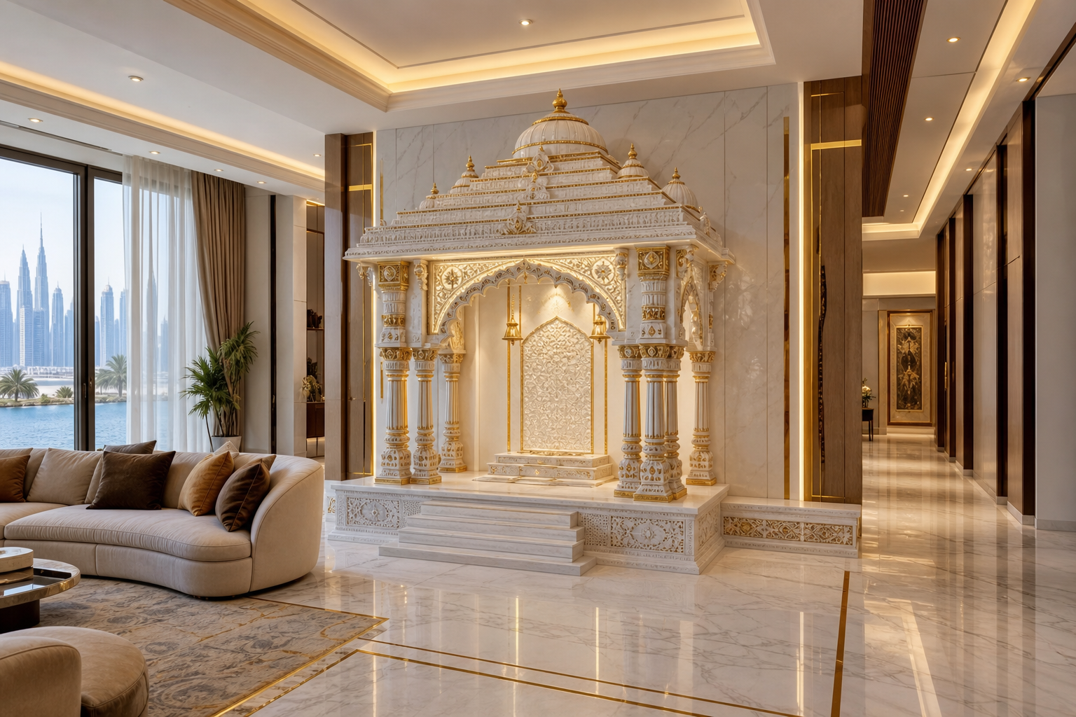 Custom marble mandir installed in a modern Dubai villa by Damiani Art