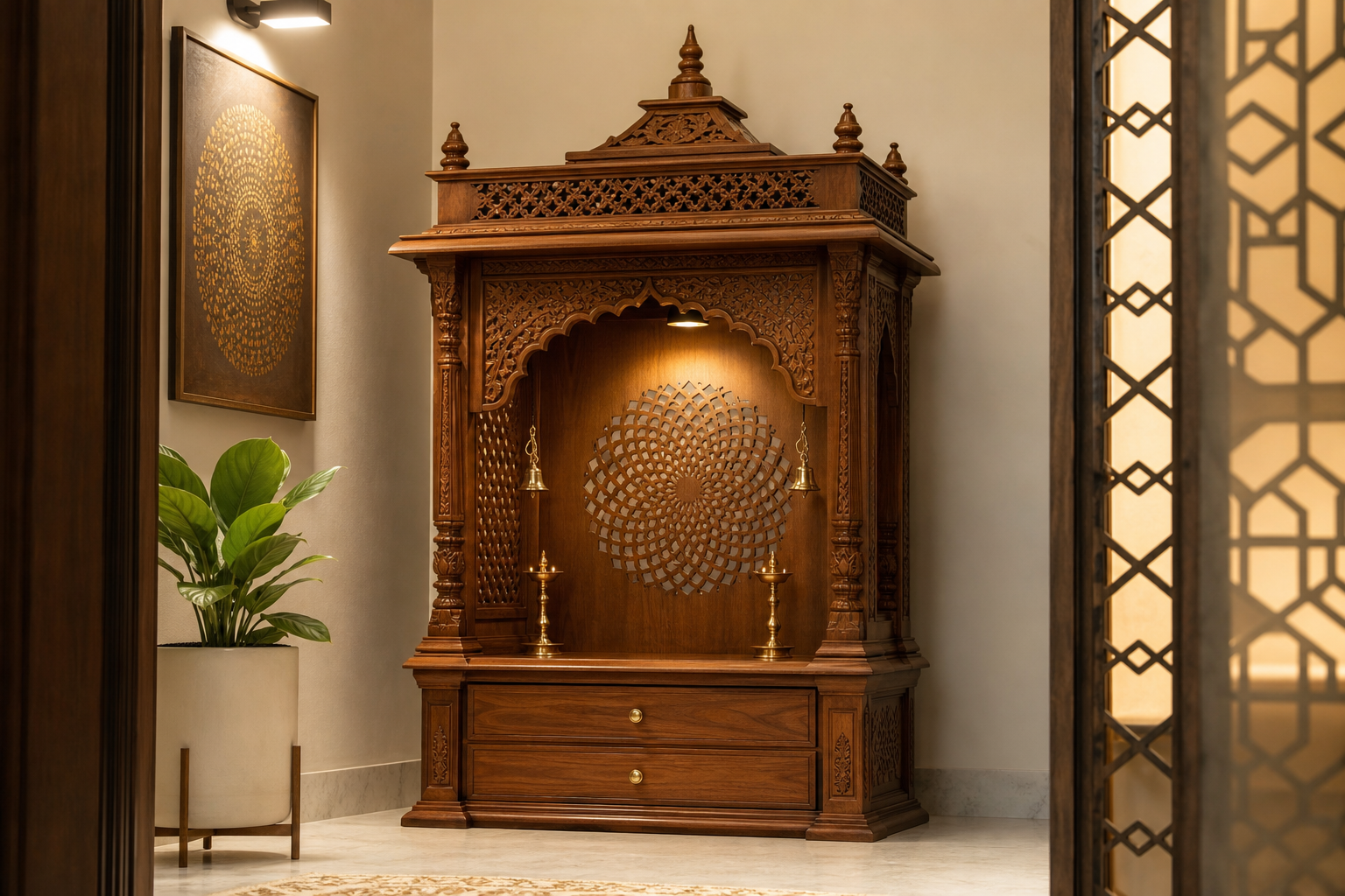 Wood and aesthetic mandir design with carved teak lattice work for a home pooja room