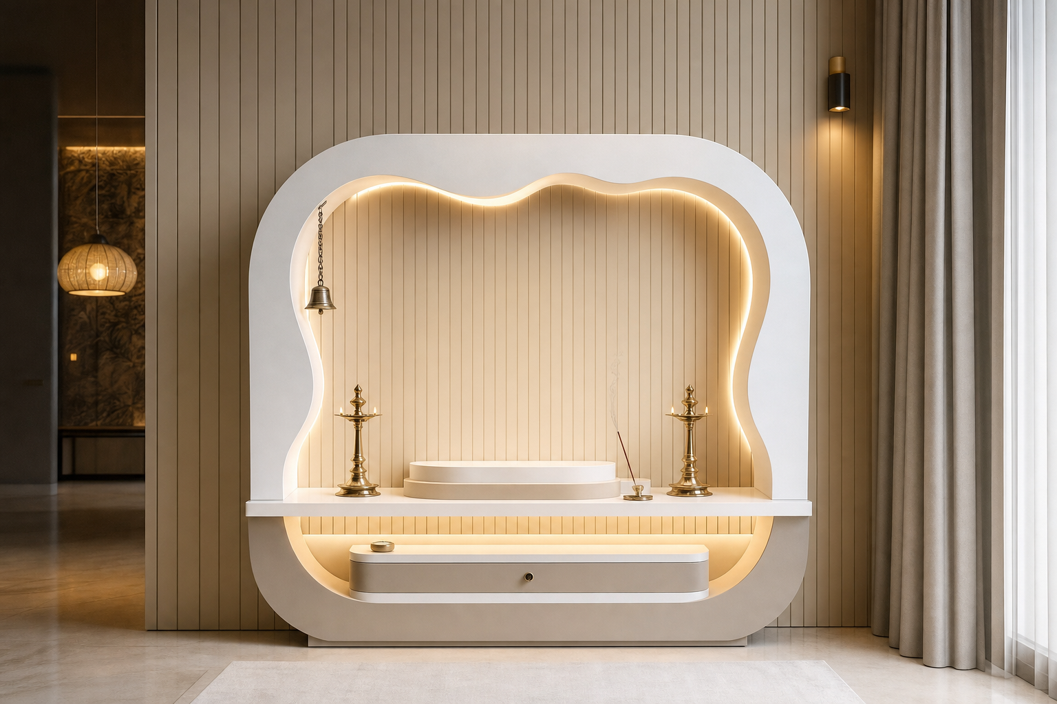 Customized and creative mandir design with LED-lit contemporary pooja unit for a Dubai apartment