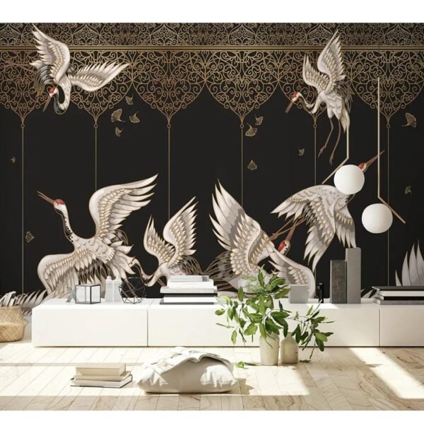 Asian Crane Birds Wall Mural Gold Style Oranment